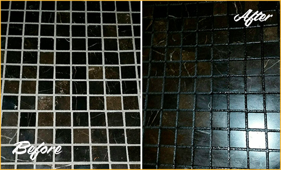 Before and After Picture of a Black Marble Tile Floor Regrouted to Change Grout Color