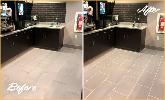 Before and After Picture of Tile and Grout Cleaning Service on Tiled Lobby Floor