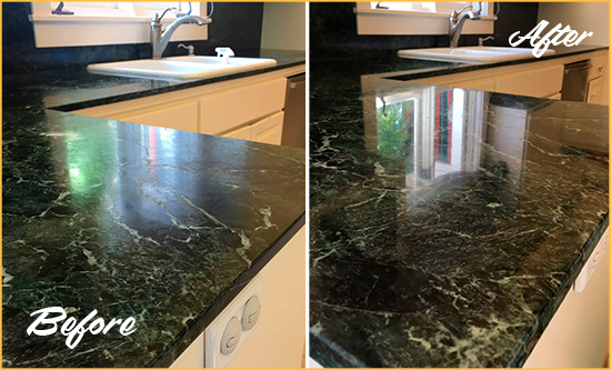 Before and After Picture of a Dark Marble Countertop Restored to Remove Water Marks