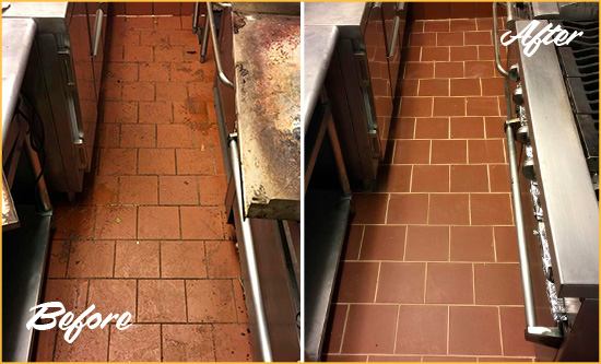 Before and After Picture of a Cherry Point Restaurant Kitchen Tile and Grout Cleaned to Eliminate Dirt and Grease Build-Up