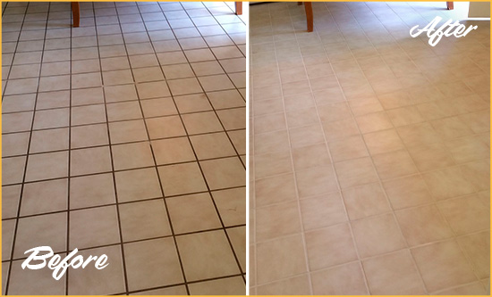 Before and After Picture of a Stella Kitchen Tile and Grout Cleaned to Remove Embedded Dirt