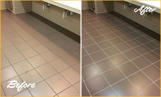 Before and After Picture of a Morehead City Restrooms Tile and Grout Cleaned to Remove Embedded Dirt