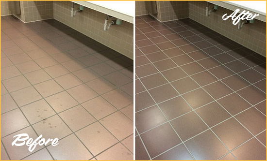 Before and After Picture of a Bolivia Restrooms Tile and Grout Cleaned to Remove Embedded Dirt