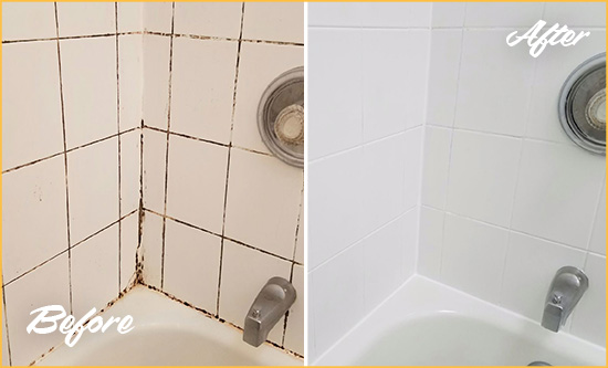 Before and After Picture of a Harkers Island Shower Tile and Grout Cleaned to Eliminate Mold