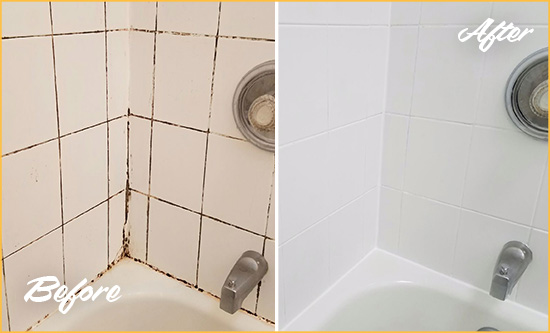 Before and After Picture of a Hampstead Shower Tile and Grout Cleaned to Eliminate Mold