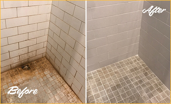 Before and After Picture of a Wrightsville Beach Shower Tile and Grout Cleaned to Eliminate Mold and Stains