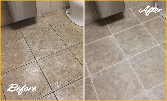 Before and After Picture of a Kure Beach Restroom Tile and Grout Cleaned to Remove Soil