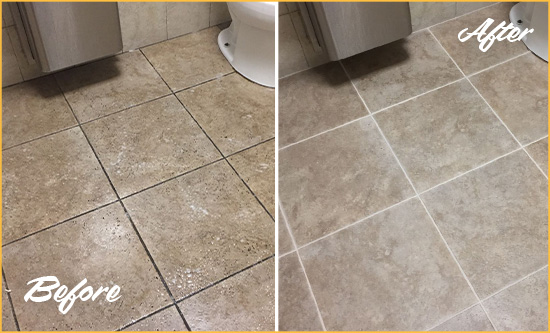 Before and After Picture of a Camp Lejeune Restroom Tile and Grout Cleaned to Remove Soil