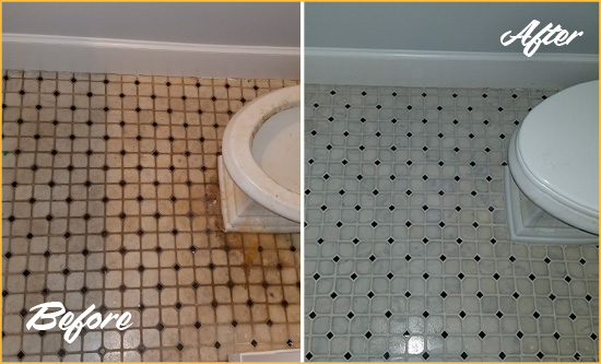 Before and After Picture of a Stacy Bathroom Tile and Grout Cleaned to Remove Stains