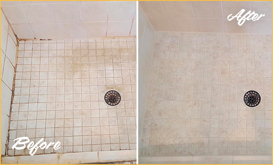 Before and After Picture of a Harkers Island Shower Caulked to Fix Cracks