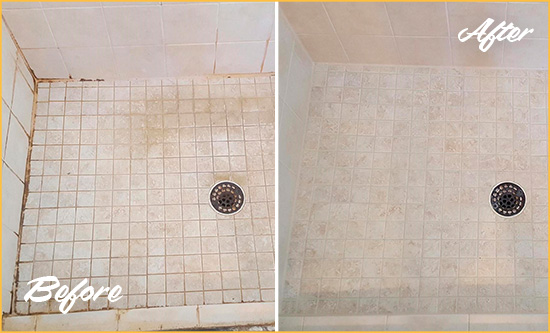 Before and After Picture of a New Bern Shower Caulked to Fix Cracks