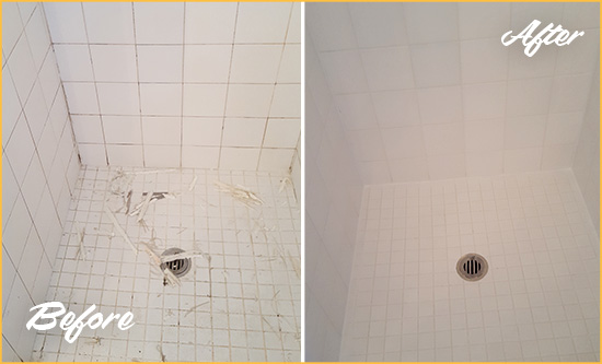 Before and After Picture of a Bolivia Bathroom Re-Caulked To Repair Damaged Caulking