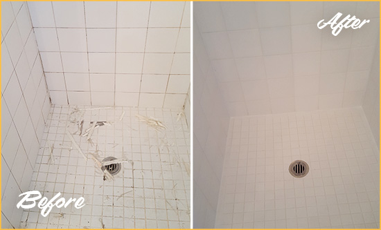 Before and After Picture of a Gloucester Bathroom Re-Caulked To Repair Damaged Caulking