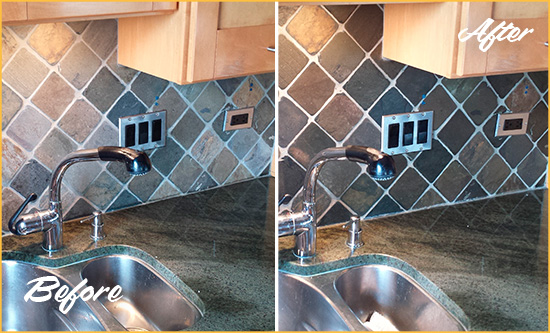 Before and After Picture of a Holly Ridge Backsplash Caulked to Fix and Prevent Water Leaks
