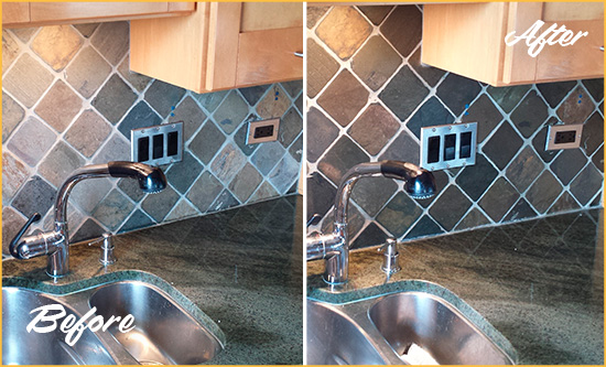 Before and After Picture of a Stella Backsplash Caulked to Fix and Prevent Water Leaks