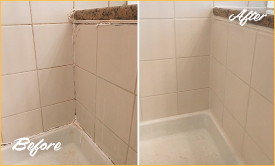 Before and After Picture of a Leland Shower Caulked to Repair Damaged Caulking