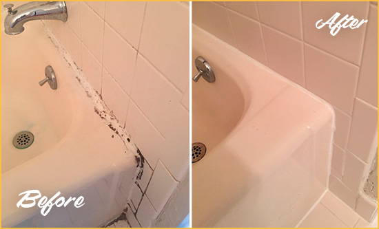 Before and After Picture of a Carolina Beach Bathroom Sink Caulked to Fix a DIY Proyect Gone Wrong