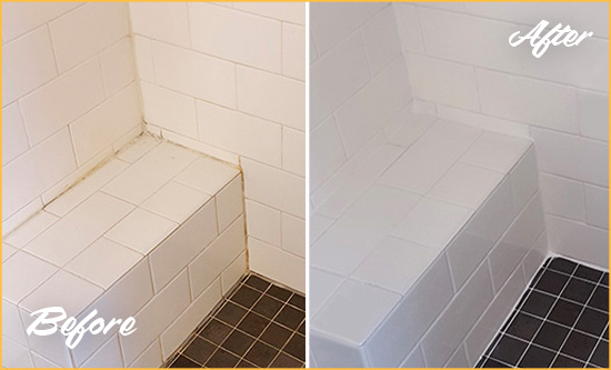 Before and After Picture of a Salter Path Shower Seat Caulked to Protect Against Mold and Mildew Growth