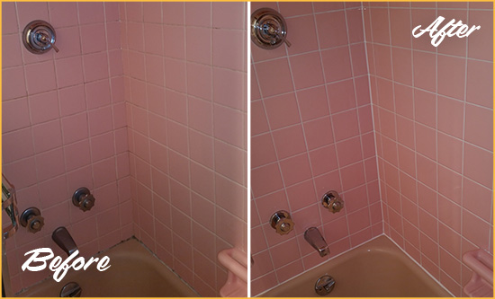 Before and After Picture of a Pine Knoll Shores Bathtub Caulked to Eliminate Mold