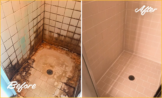 Before and After Picture of a Atlantic Shower Caulked to Fix and Prevent Water Damage