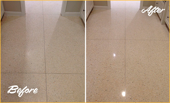 Before and After Picture of a Newport Granite Stone Floor Polished to Repair Dullness
