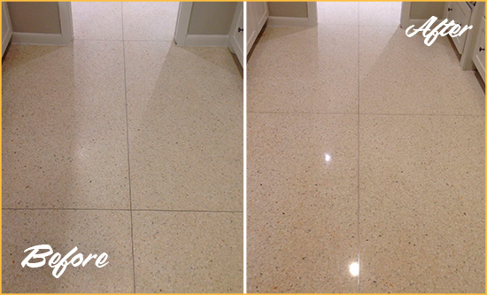 Before and After Picture of a Marshallberg Granite Stone Floor Polished to Repair Dullness