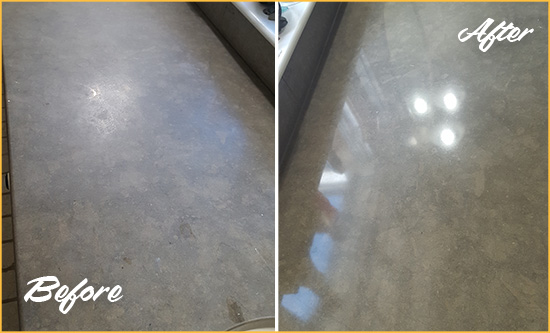 Before and After Picture of a Dull Havelock Limestone Countertop Polished to Recover Its Color