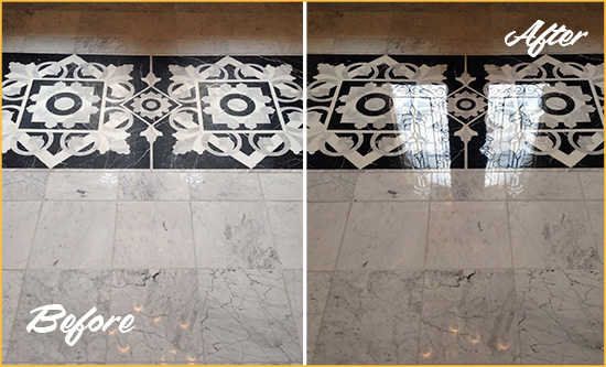 Before and After Picture of a Davis Marble Stone Floor Polished to a Mirror Shine