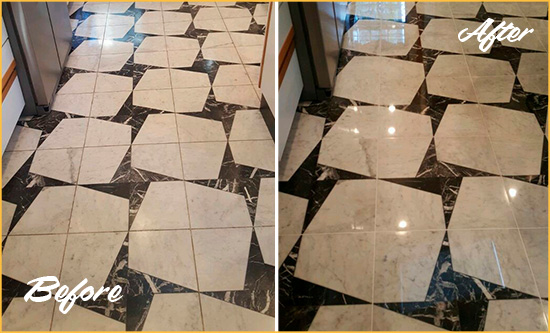 Before and After Picture of a Dull Morehead City Marble Stone Floor Polished To Recover Its Luster
