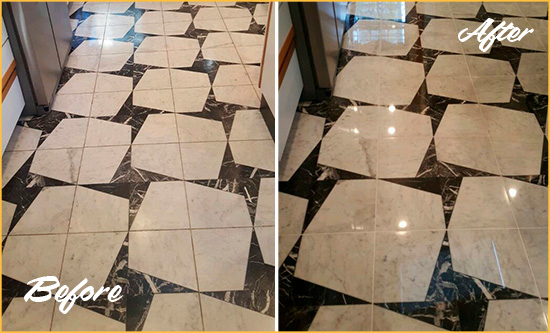 Before and After Picture of a Dull Gloucester Marble Stone Floor Polished To Recover Its Luster