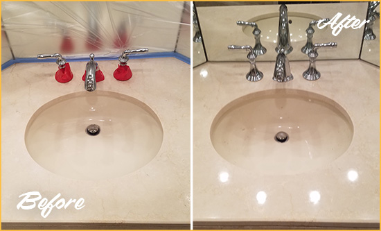 Before and After Picture of a Dull Havelock Marble Stone Vanity Top Polished to Bring-Back Its Sheen