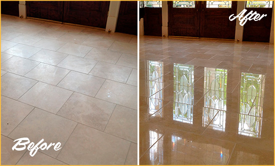 Before and After Picture of a Dull Salter Path Travertine Stone Floor Polished to Recover Its Gloss