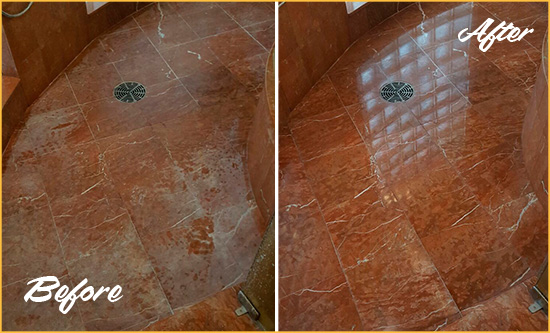 Before and After Picture of a Marshallberg Marble Stone Shower Polished to Eliminate Mineral Deposits