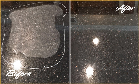 Before and After Picture of a New Bern Granite Stone Countertop Polished to Remove Scratches
