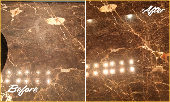 Before and After Picture of a Harkers Island Marble Stone Countertop Polished to Eliminate Stains