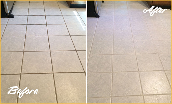 Before and After Picture of a Holly Ridge Kitchen Ceramic Floor Sealed to Protect From Dirt and Spills