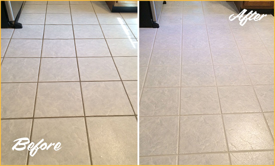 Before and After Picture of a Morehead City Kitchen Ceramic Floor Sealed to Protect From Dirt and Spills