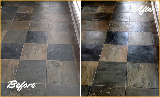 Before and After Picture of a Dull Cape Carteret Slate Floor Sealed to Bring Back Its Colors