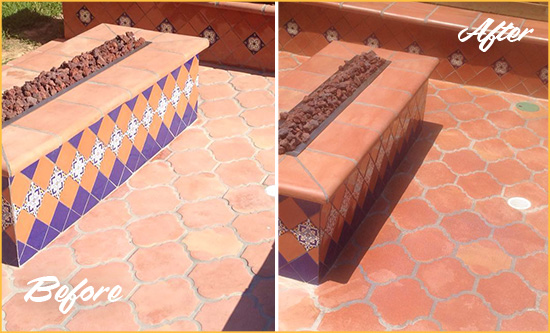 Before and After Picture of a Dull Cedar Island Terracotta Patio Floor Sealed For UV Protection
