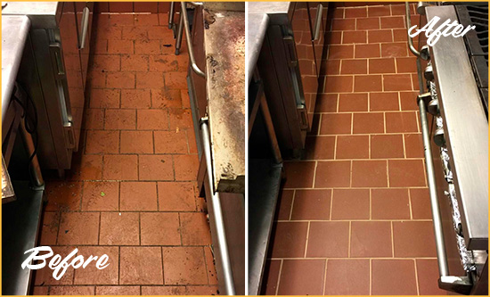 Before and After Picture of a Peletier Restaurant Kitchen Floor Sealed to Remove Soil