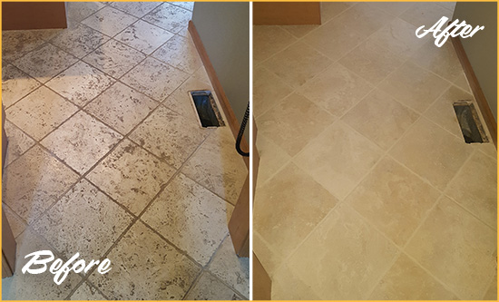 Before and After Picture of a Oak Island Kitchen Marble Floor Cleaned to Remove Embedded Dirt