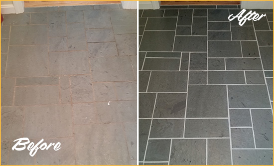 Before and After Picture of a Winnabow Slate Floor Cleaned to Remove Deep-Seated Dirt