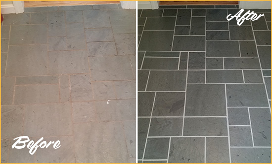 Before and After Picture of a Stella Slate Floor Cleaned to Remove Deep-Seated Dirt