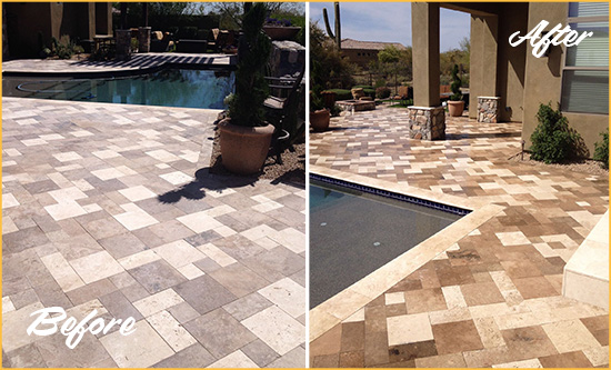 Before and After Picture of a Dull Cedar Island Travertine Pool Deck Cleaned to Recover Its Original Colors