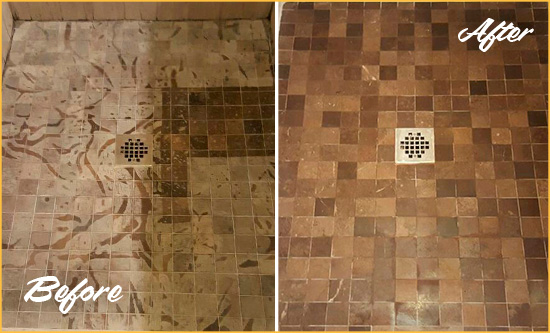 Before and After Picture of a Stained Northwest Marble Shower Floor Cleaned to Remove Etching