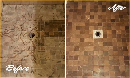 Before and After Picture of a Stained Kure Beach Marble Shower Floor Cleaned to Remove Etching