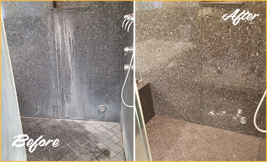 Before and After Picture of a Salter Path Granite Shower Cleaned to Remove Mineral Deposits