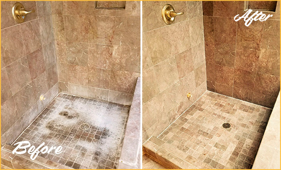 Before and After Picture of a Holly Ridge Travertine Shower Cleaned to Eliminate Water Spots