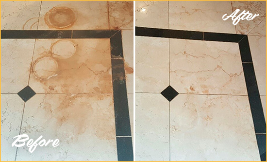 Before and After Picture of a Bolivia Marble Floor Cleaned to Eliminate Rust Stains