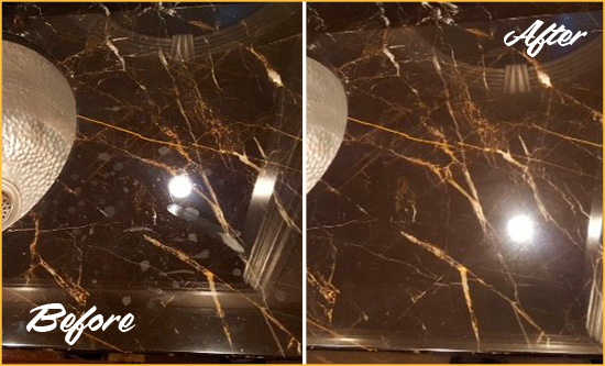 Before and After Picture of a Caswell Beach Marble Countertop Cleaned to Remove Water Spots